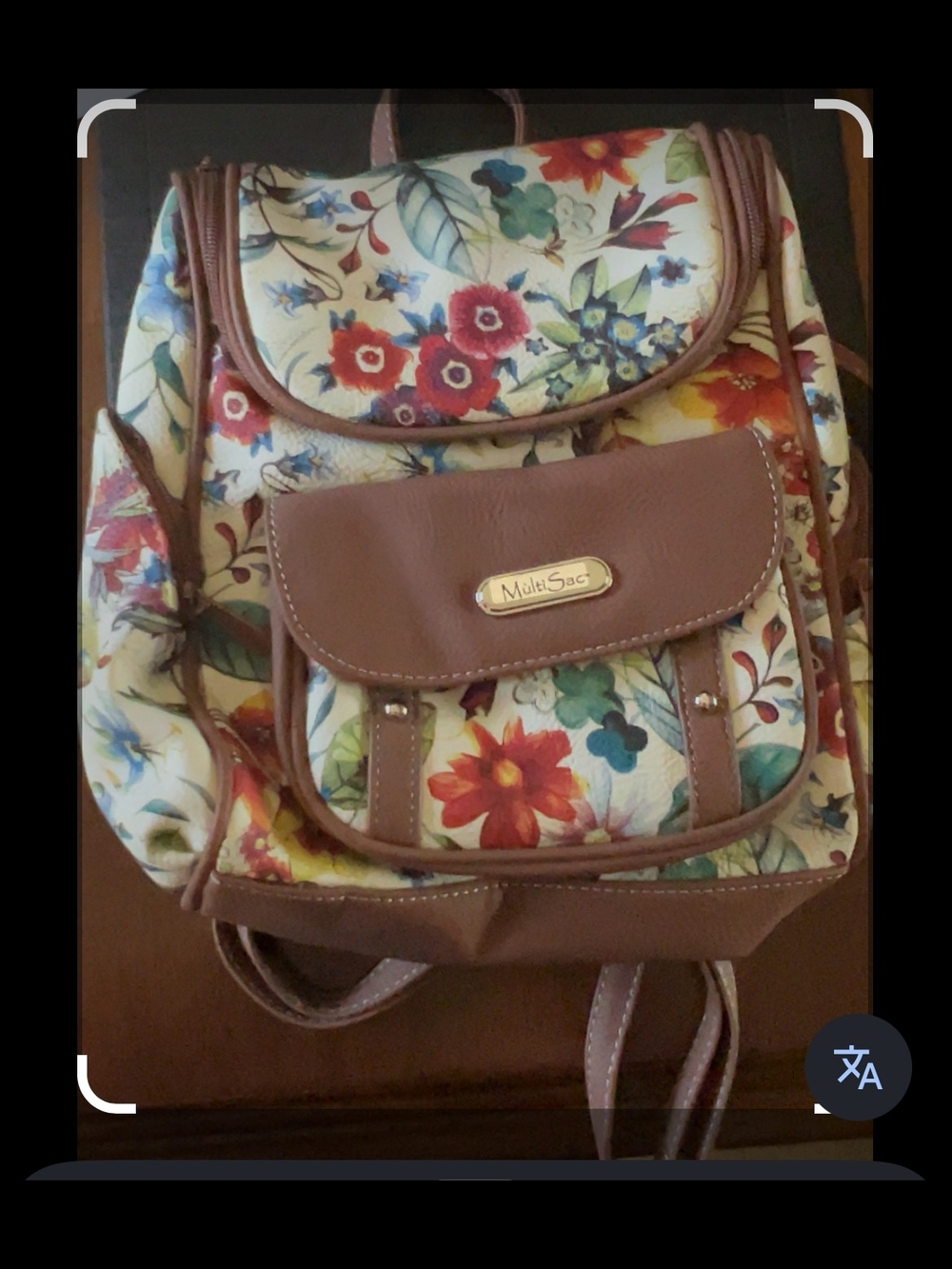 MultiSac Floral Vegan Leather Backpack in Cream with Brown Trim
